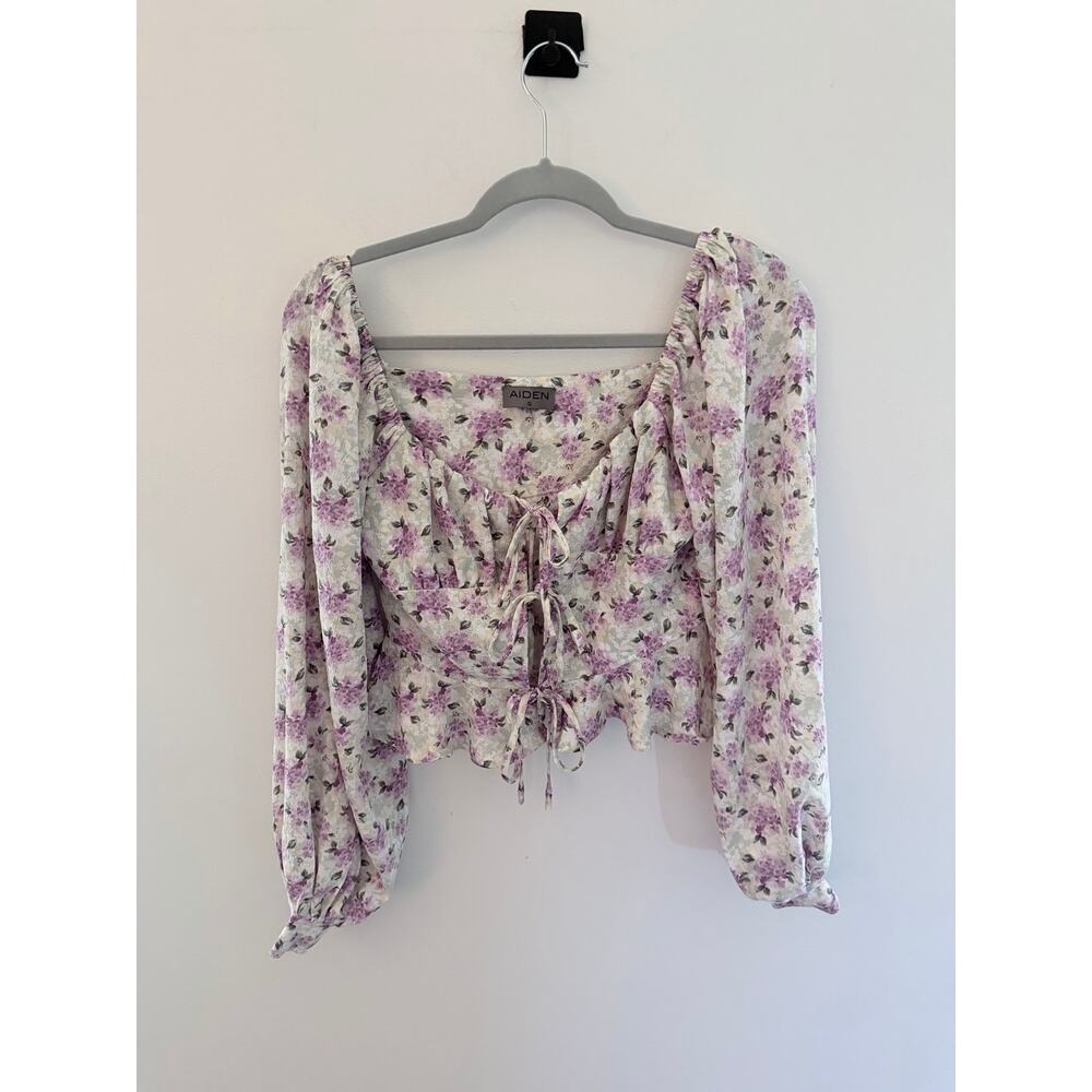 AIDEN Purple Floral Lace-Up Tie Long Sleeve Cropped Blouse-Size S